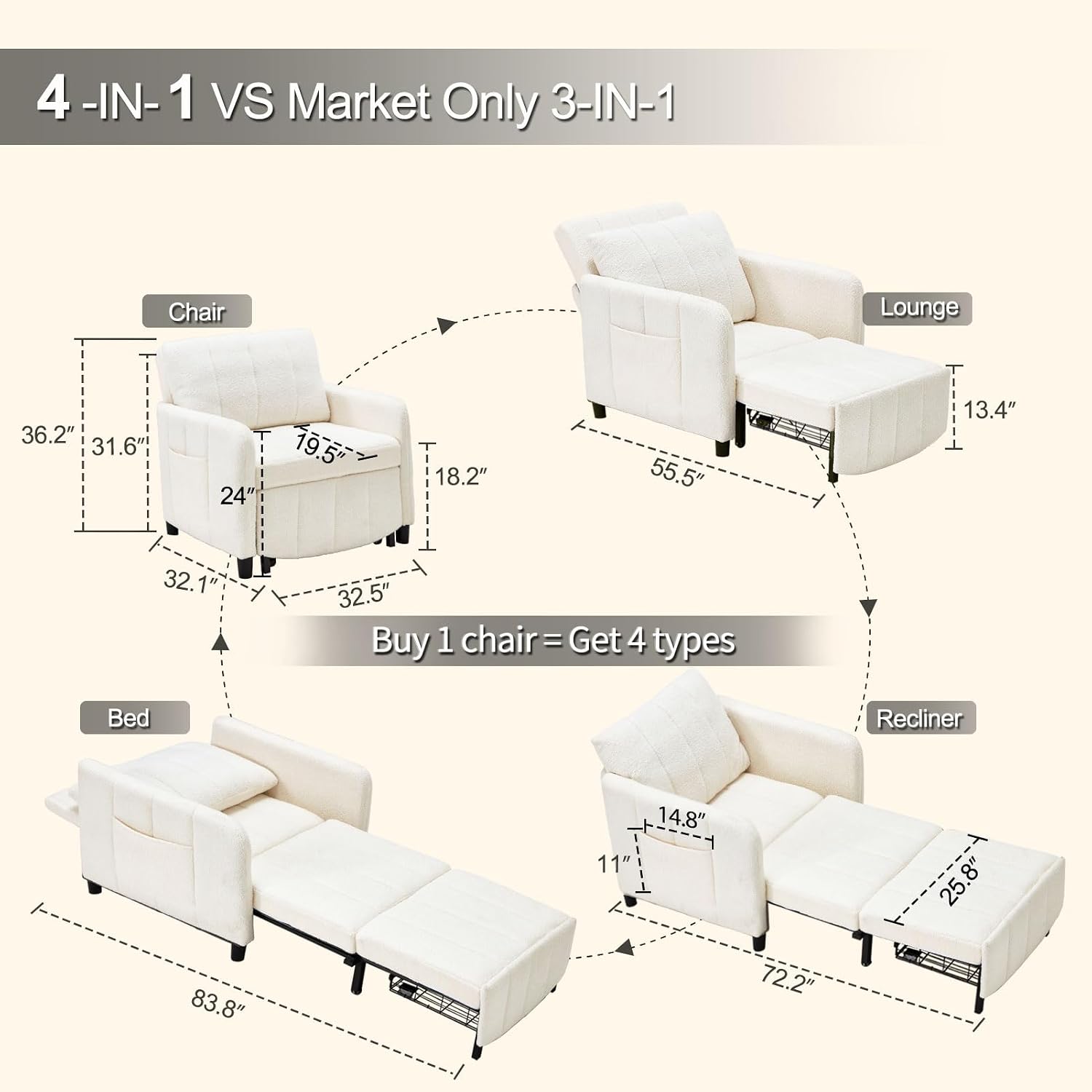ZZW Sleeper Chair 84' Extra Long Convertible Chair Bed Upgraded 3-in-1 to 4-in-1 Pull Out Chair & Single Sofa Bed for Adult Sleeping Chair for Living Room & Small Space (White)