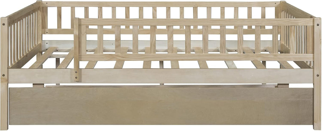 Montessori Bed Frame with Fence Railings and Trundle for Kids,Full Size Wood Low Platform Bed Frame with Full-Length Safety Guardrails for Boys Girls,No Box Spring Needed,Natural