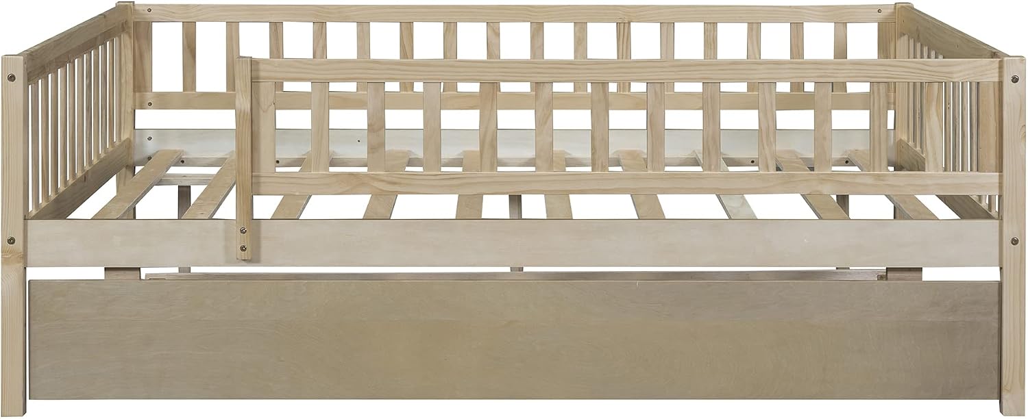 Montessori Bed Frame with Fence Railings and Trundle for Kids,Full Size Wood Low Platform Bed Frame with Full-Length Safety Guardrails for Boys Girls,No Box Spring Needed,Natural