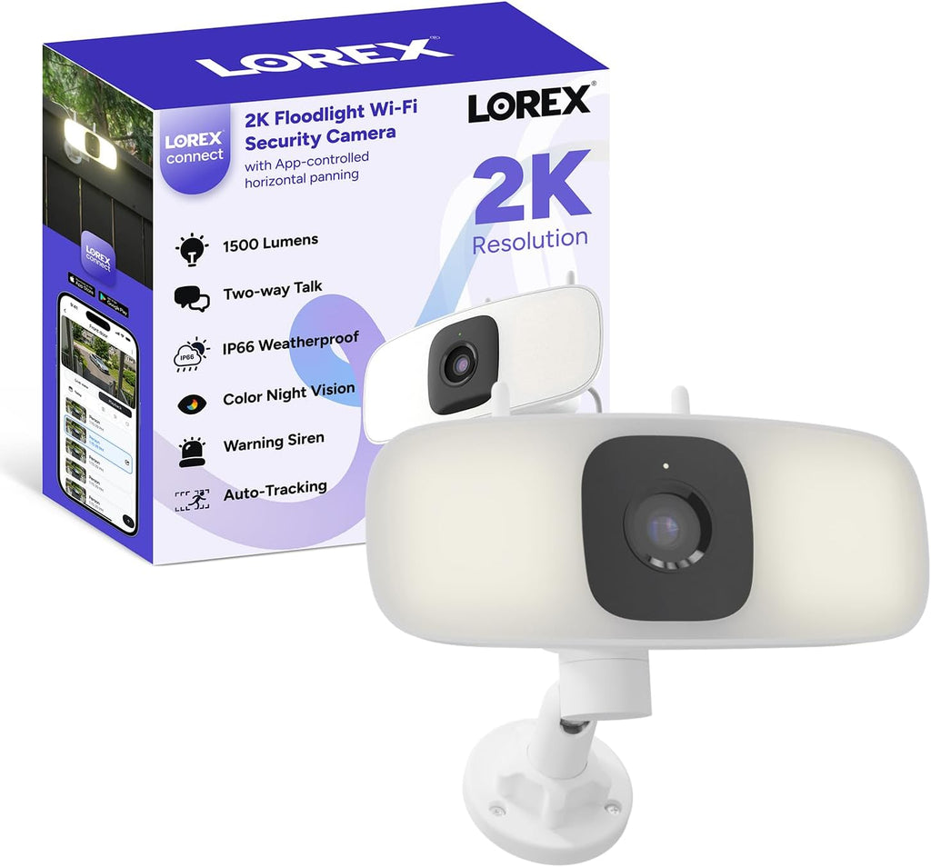 Lorex Connect 2K Floodlight Wi-Fi Security Camera | New Connect App | 160° Pan Coverage | Person Detection | Live Auto-Tracking | Color Night Vision | 2-Way Talk | Cloud & Local Storage Option