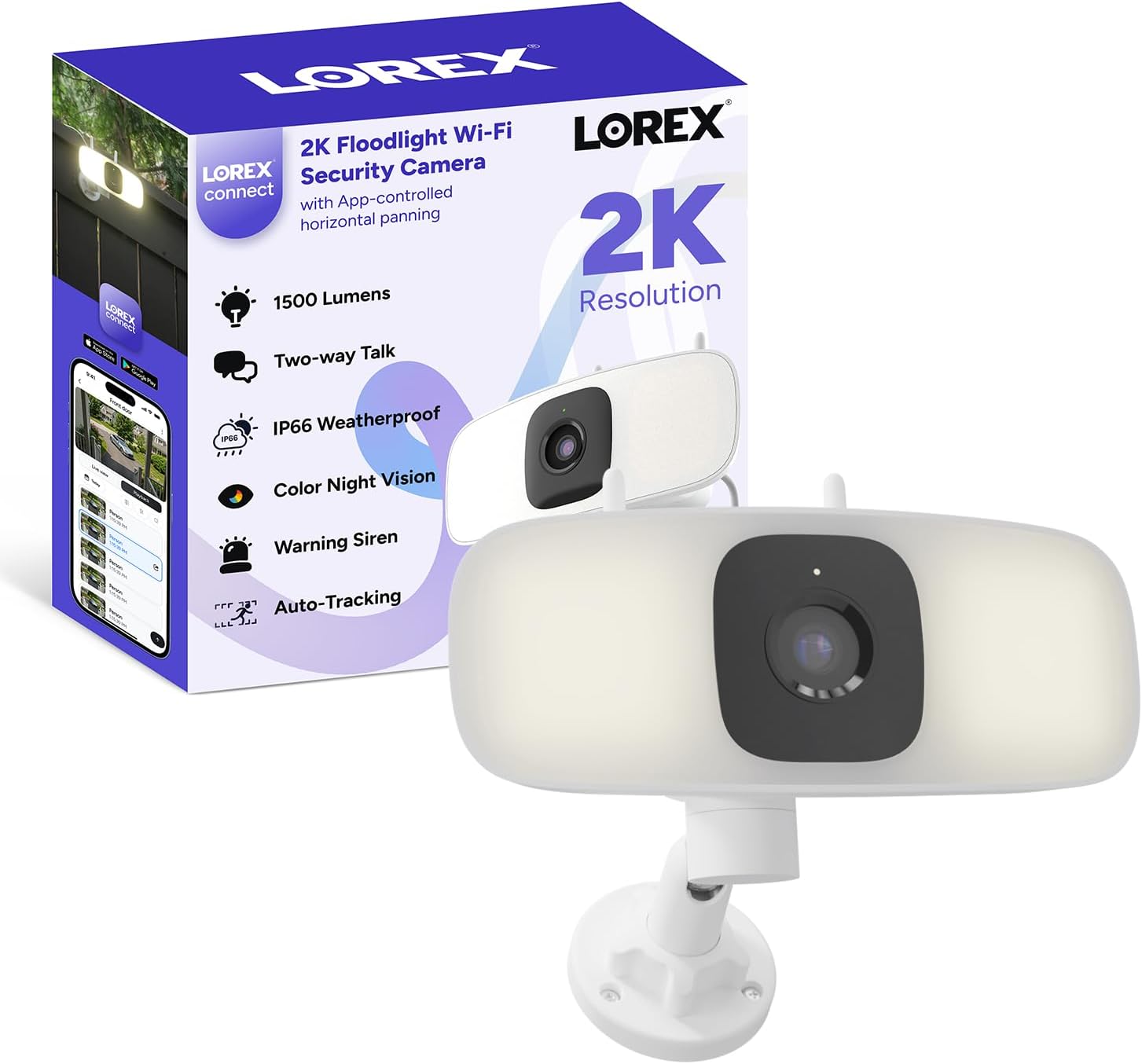 Lorex Connect 2K Floodlight Wi-Fi Security Camera | New Connect App | 160° Pan Coverage | Person Detection | Live Auto-Tracking | Color Night Vision | 2-Way Talk | Cloud & Local Storage Option