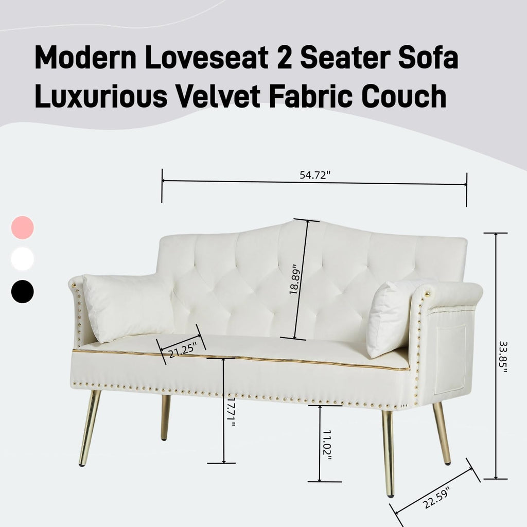 oaaktu Small Velvet Loveseat Sofa with Gold Metal Legs,55-inch Modern Sofa Couch with 2 Side Pockets,Couch with Tufted Backrest for Living Room Bedroom Office (Beige)