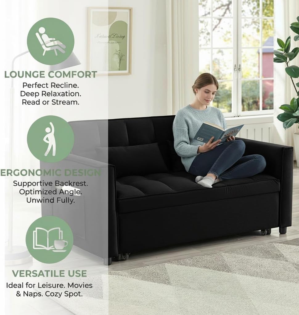 Loveseat Sleeper Sofa, 3 in 1 Convertible Sofa Bed, Adjustable Backrest Comfy Pull Out Couch, Modern Upholstered Sofa for Living Room Bedroom Apartment Small Space (Black)