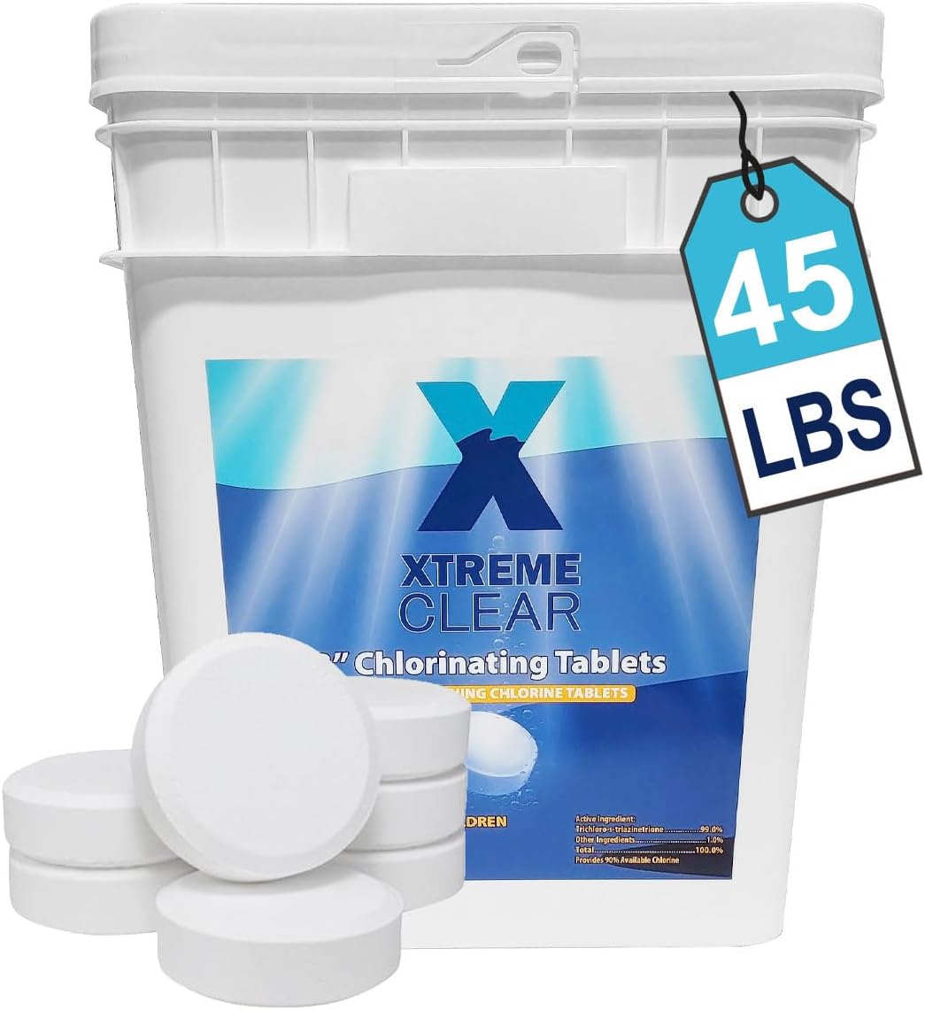 XtremeClear 45lbs Chlorine Tablets, 3' Swimming Pool & Spa Chlorine Tablets Long-Lasting, Slow Dissolving, Chlorine Tabs 3 Inch Tablets Bucket