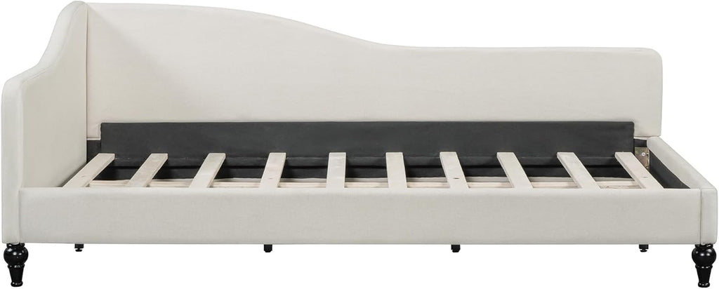 Merax Twin Size Bed Frame Daybed, L-Shaped Linen Corner Sofa with Solid Wood Legs for Living Room & Guest Room, No Box Spring Needed, Beige