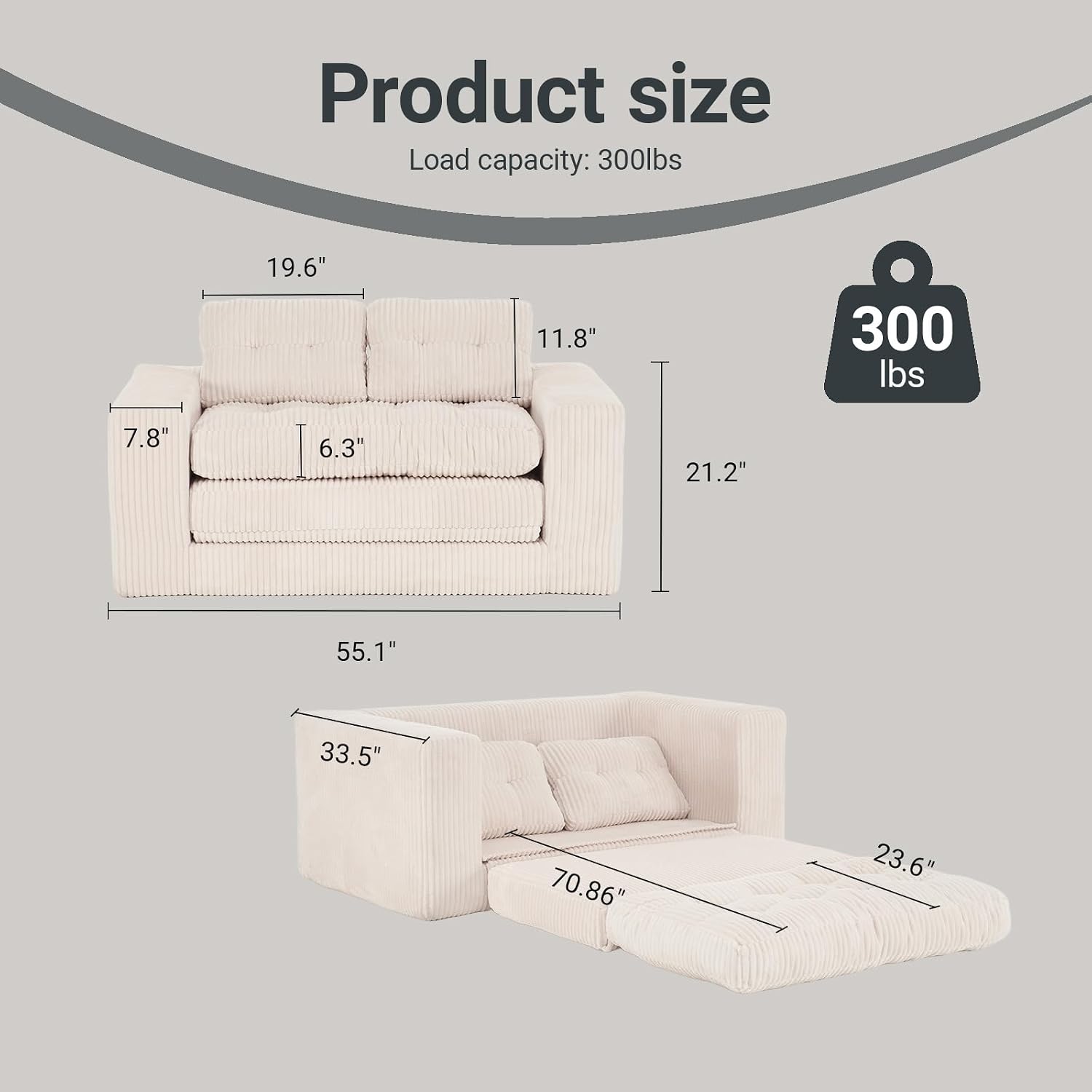 Fefances 55.1'Boneless Sofa Bed, 2-in-1 Convertible Loveseat & Folding Futon Couch, Small Space-Saving Design with Corduroy Fabric, for Living Room, Bedroom, Studio Apartment - Beige