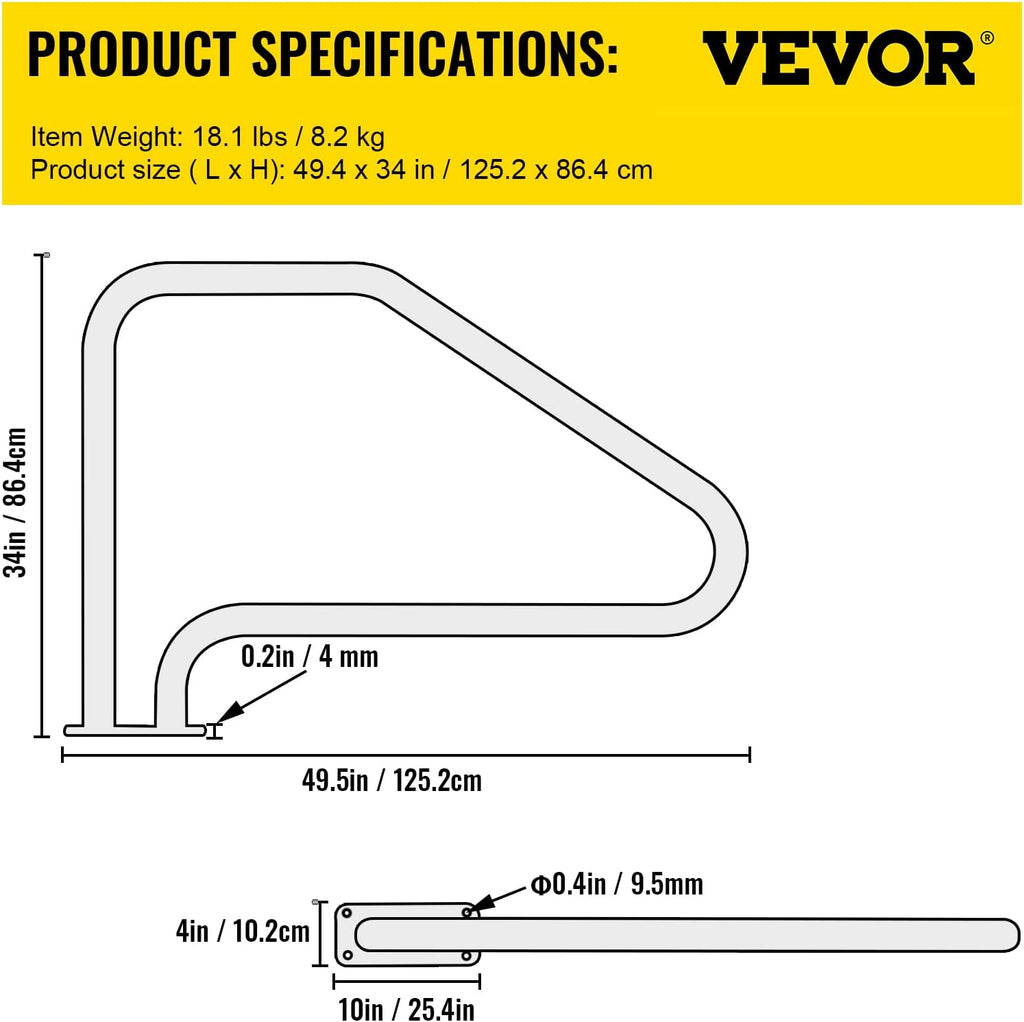 VEVOR Pool Handrail, 49.4' x 34' Stainless Steel Stair Rail, 375lbs Load Capacity, Quick Mount Base Plate, Complete Mounting Accessories