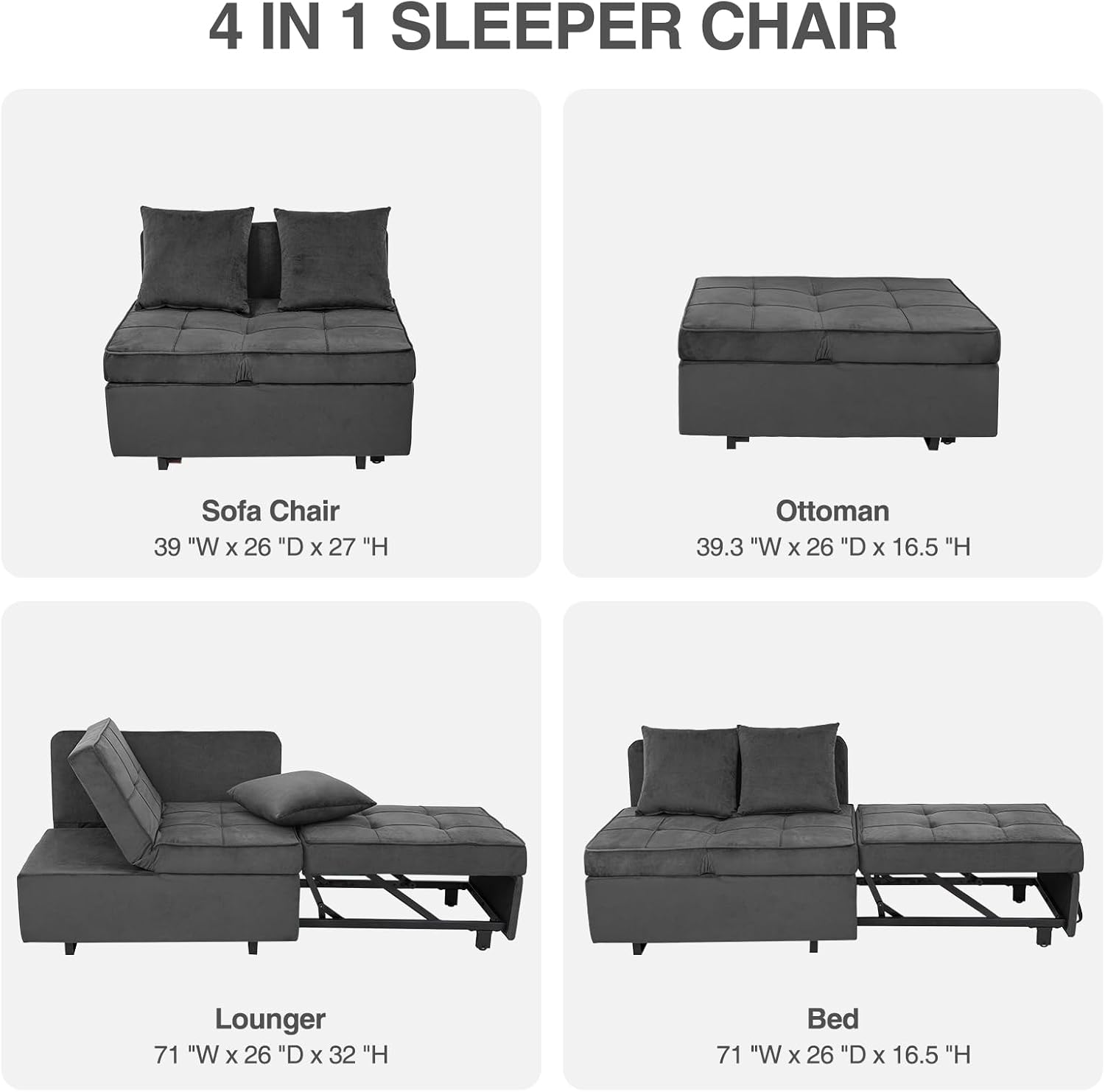 Sofa Bed 4-in-1 Convertible pull out Couch, Velvet Love seat Couch Sleeper Chair Bed with 2 Throw Pillow, Single Recliner with 5 Adjustable Backrests for Living Room Apartment Small Space, Dark Grey