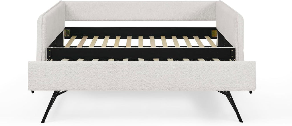 KEIKI Full Size Upholstery Tufted Daybed with Erectable Trundle, Full to King Design Modern Extendable Boucle Sofa Bed, Easy Assembly, No Box Spring Required, for Living Room and Bedroom, Beige