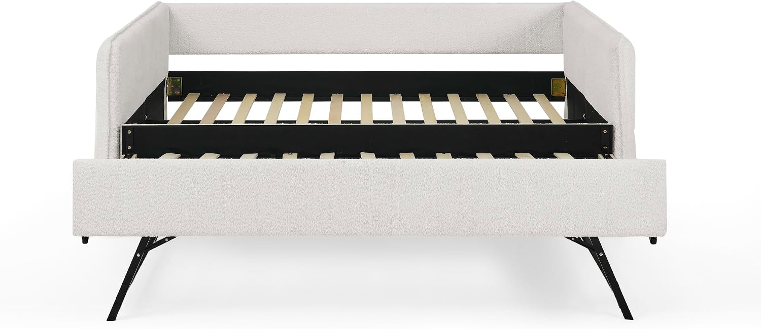 KEIKI Full Size Upholstery Tufted Daybed with Erectable Trundle, Full to King Design Modern Extendable Boucle Sofa Bed, Easy Assembly, No Box Spring Required, for Living Room and Bedroom, Beige