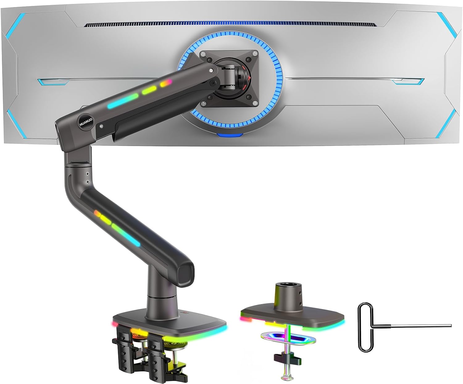 HUANUO 45 inch Monitor Arm, Heavy Duty Single Monitor Mount Holds 44 lbs for Ultrawide/Curved/Gaming Screen, Fully Adjustable with C-Clamp & Grommet Base, Max VESA 100x100mm, RGB