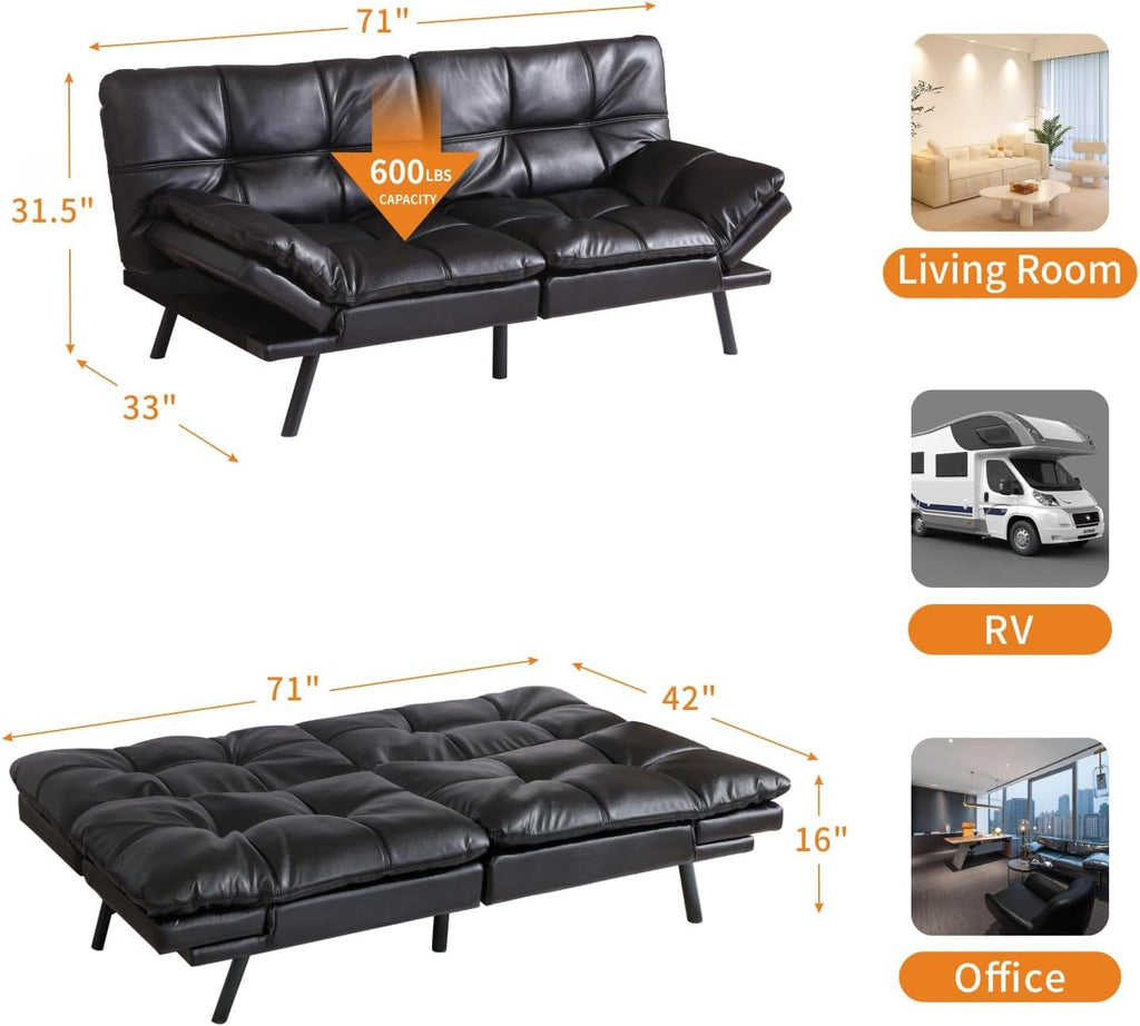 MUUEGM 71-Inch Convertible Futon Sofa Bed with Adjustable Backrest & Removable Armrests, Foldable Sleeper Loveseat for Small Space Living Room, Studio Apartment, Home Office，Black