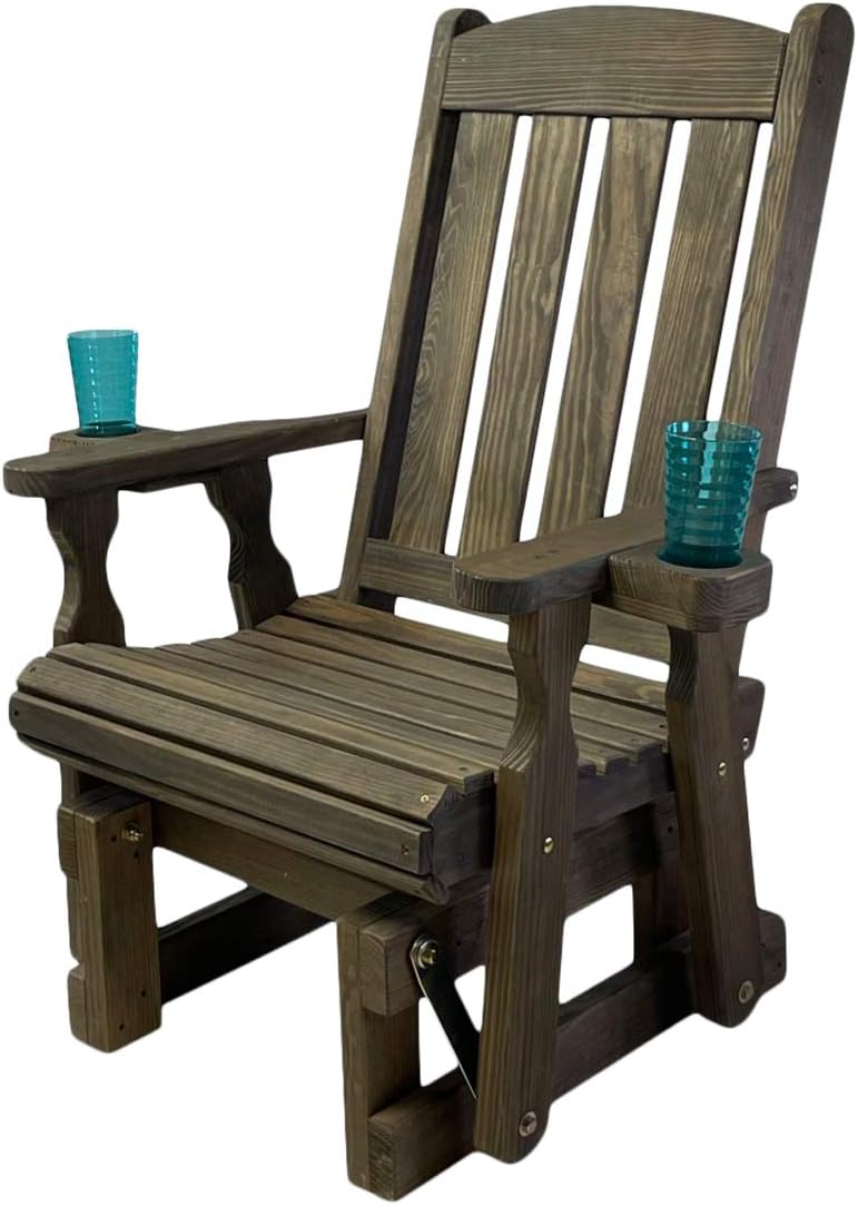 Amish Casual Heavy Duty 600 Lb Mission High Back Treated Glider Chair with Cupholders (Dark Walnut Stain)