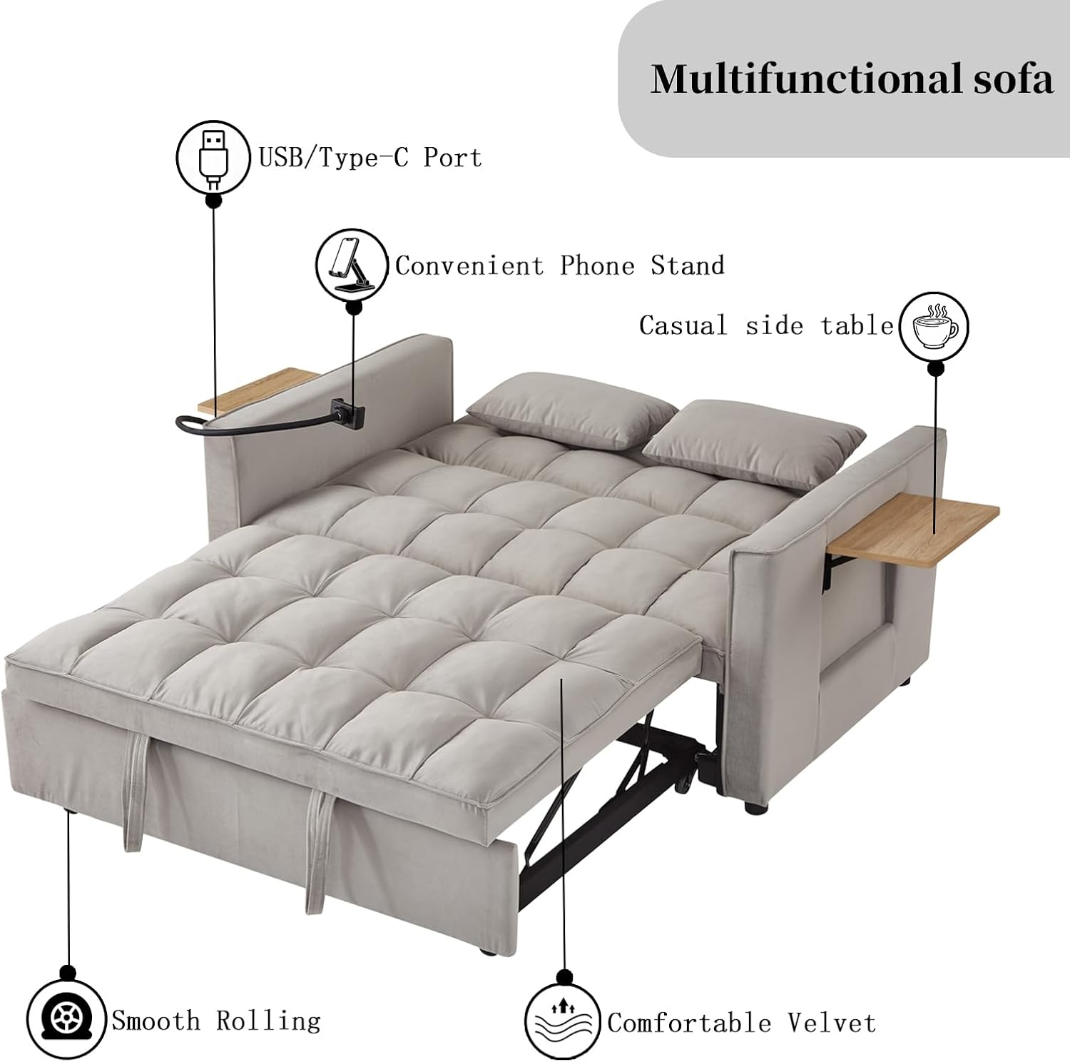 Loveseat Sleeper Sofa, 3 in 1 Convertible Sofa Bed, Adjustable Backrest Comfy Pull Out Couch, Modern Upholstered Sofa for Living Room Bedroom Apartment Small Space (Grey with Side Table)