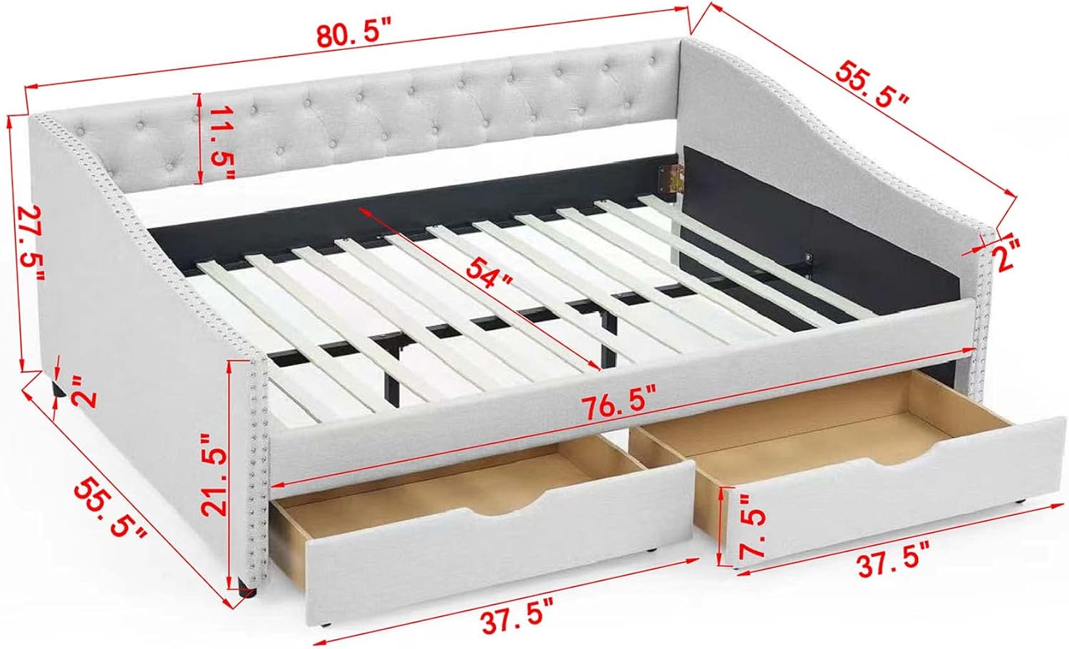 KEIKI Full Size Upholstery Daybed with 2 Drawers and Headboard, Mid-Century Style Tufted Sofa Bed with Button on Back, Easy Assembly, No Box Spring Required, for Living Room and Bedroom, Beige