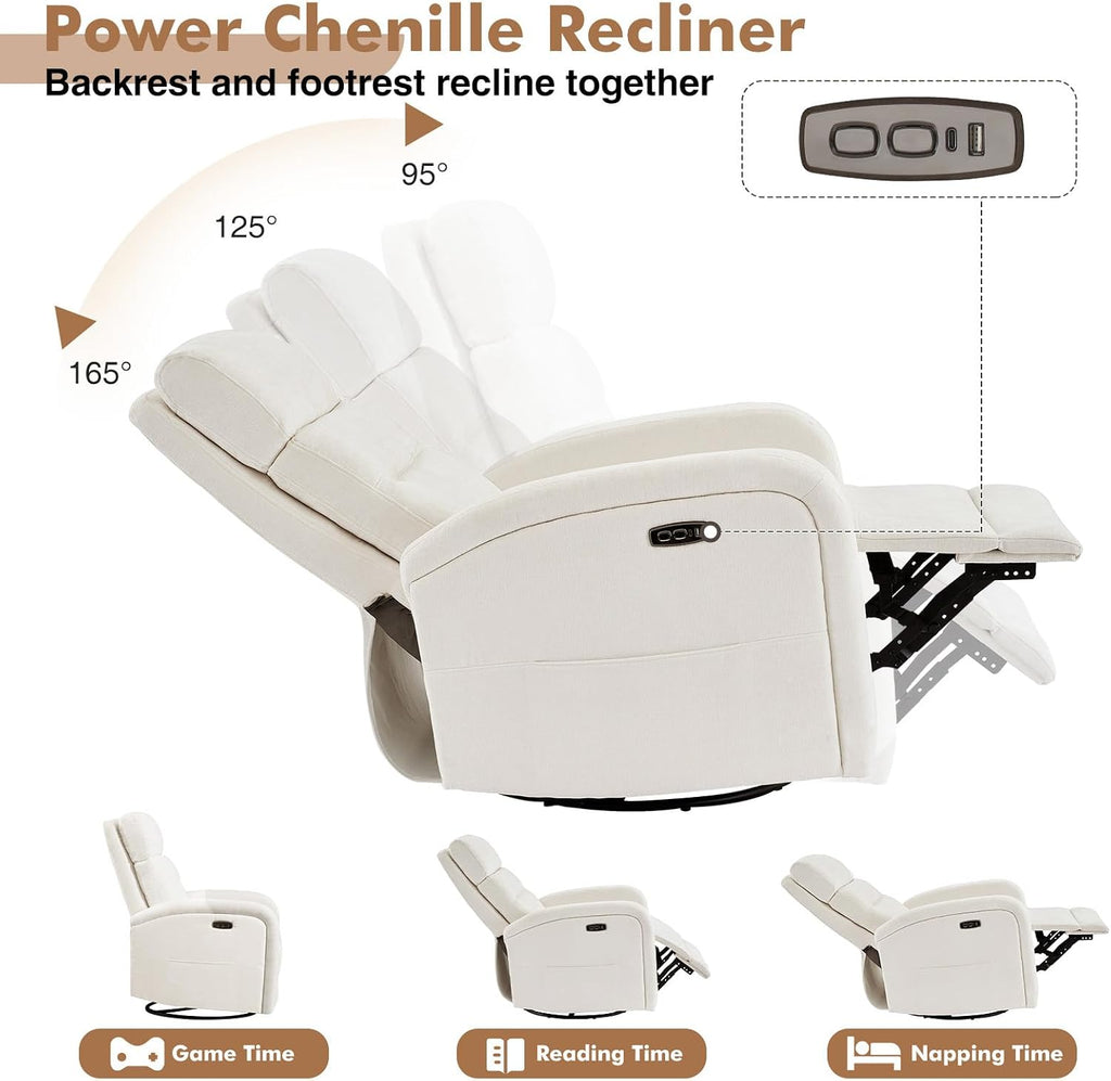 Power Glider Recliner Nursery Chair,Swivel Rocker Recliner with Adjustable Backrest Support,Chenille Nursery Rocking Chairs Recliner with USB and Type-C Ports for Nursery Living Room(Cream White)