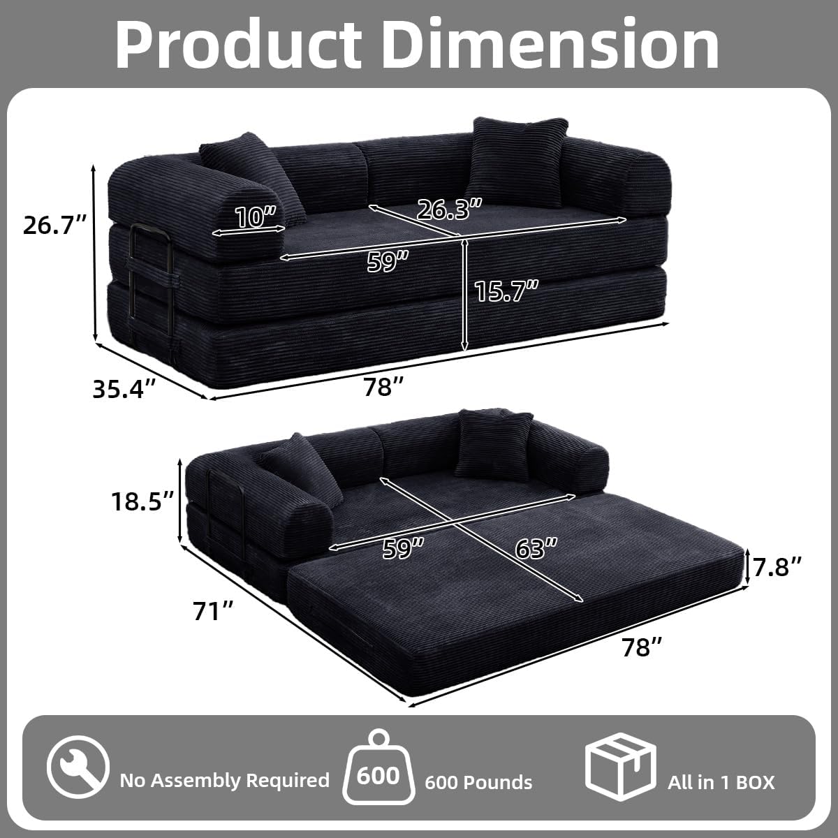 Convertible Folding Sofa Bed,Fold Out Floor Sofa Couch with Fixed-Shape Frame,Corduroy Foldable Mattress Cloud Couch for Living Room Bedroom (Black, 78 Inch)