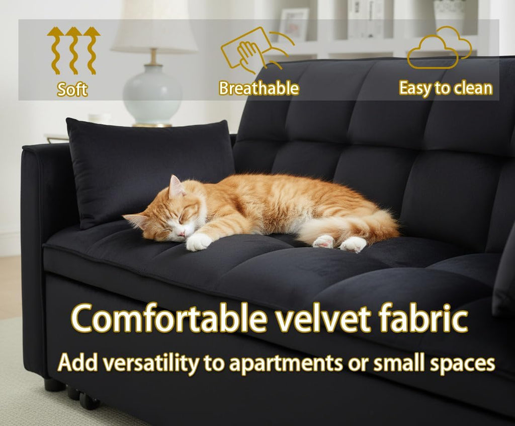 70' 3-in-1 Velvet Sleeper Sofa Bed, Convertible Pull Out Couch w/Adjustable Back, Armrests & Storage. Modern Black Futon for Living Room, Bedroom, Small Space - 2 Pillows Included Black