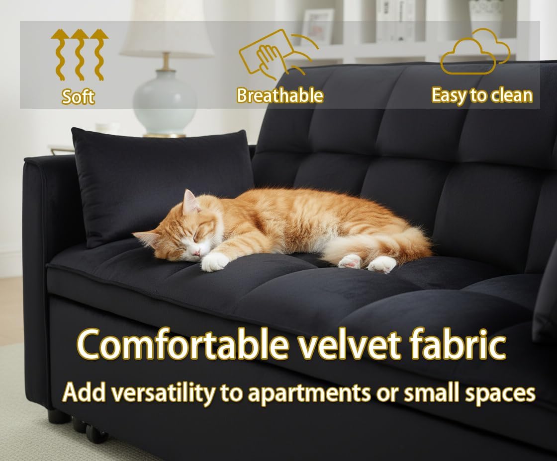 70' 3-in-1 Velvet Sleeper Sofa Bed, Convertible Pull Out Couch w/Adjustable Back, Armrests & Storage. Modern Black Futon for Living Room, Bedroom, Small Space - 2 Pillows Included Black