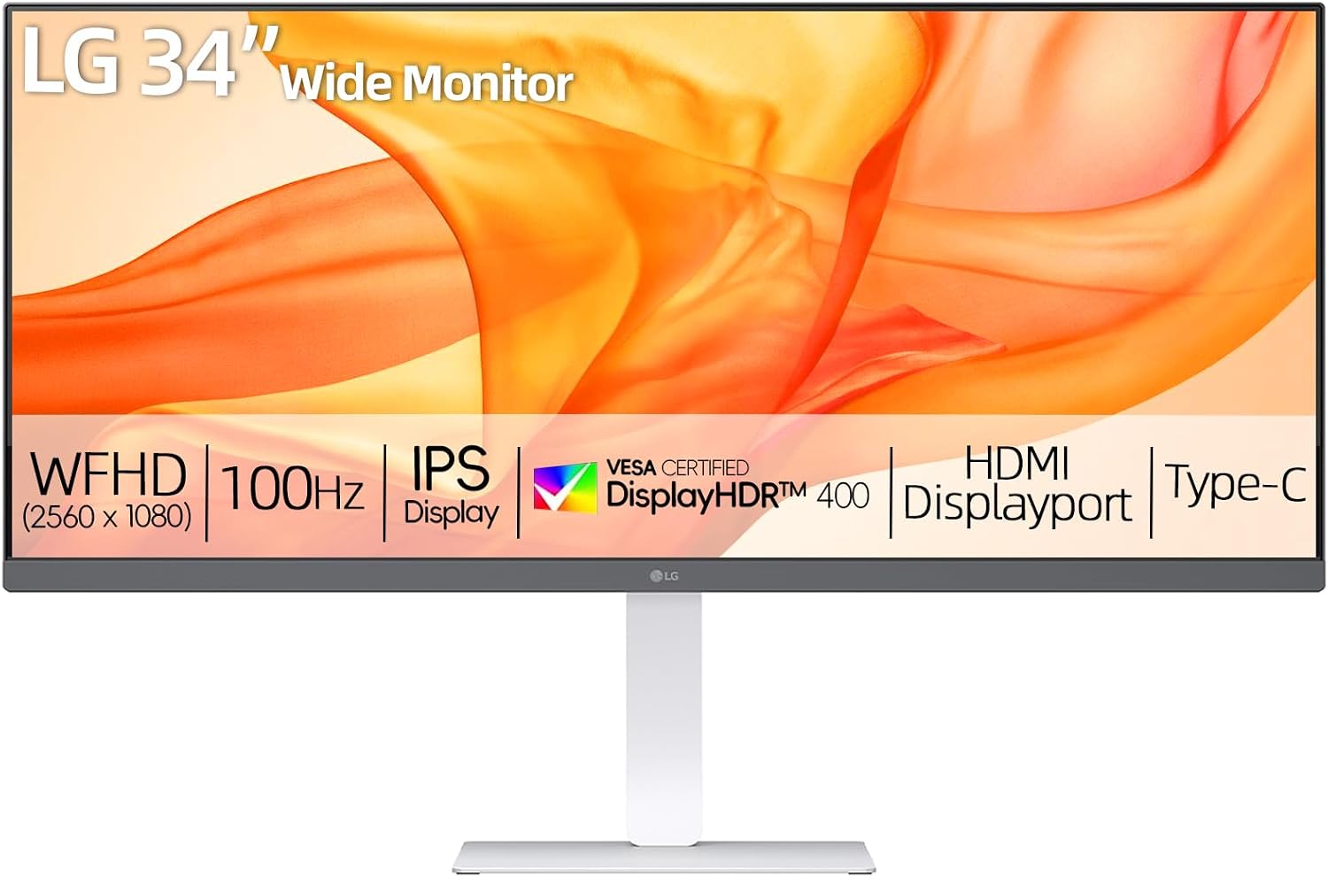 LG 34' UltraWide Monitor, 21:9 WFHD (2560 x 1080) IPS Display, 100Hz Refresh Rate, VESA DisplayHDR 400, HDR10, Flicker Safe, USB Type-C, HDMI, DisplayPort, Height/Swivel/Tilt Adjustable Stand, White