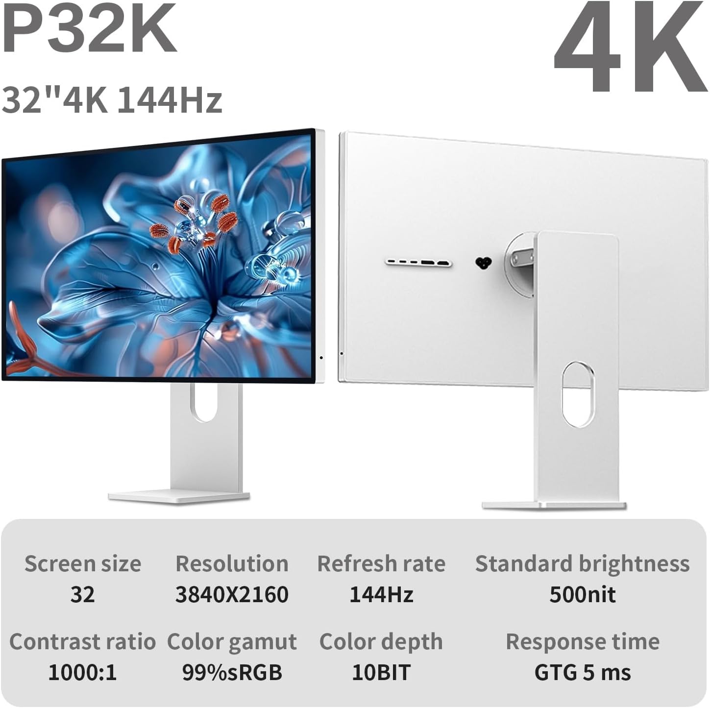 P32K 32'' UHD (3840 x 2160) 4K 144Hz Glossy Monitor, IPS Panel, 10-Bit Color, 99% sRGB, 96% DCI-P3, 5ms, HDR, Low Blue Light, Eye Care (Minimalist - Without Stand)