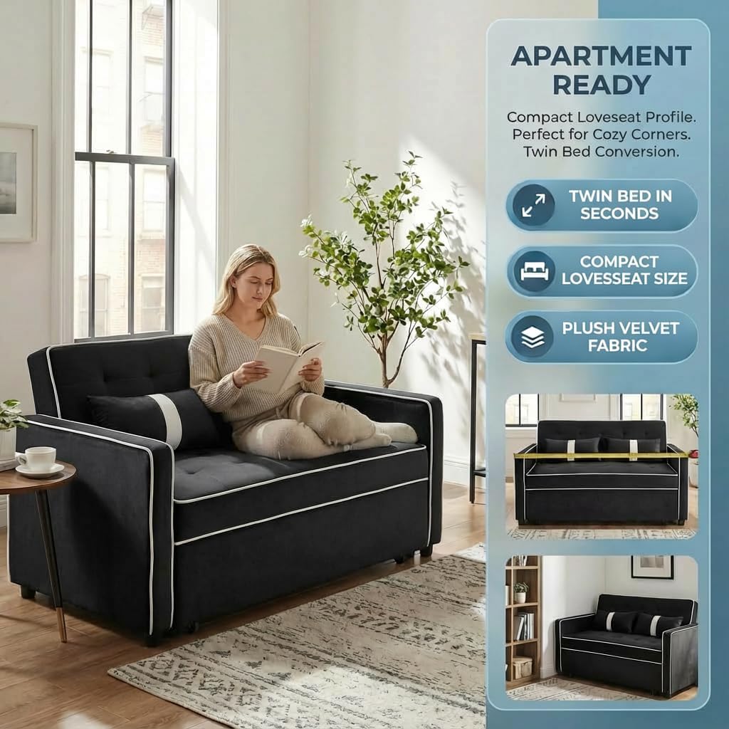 Convertible Velvet Sofa Bed with Pull-Out Bed & Side Storage Pockets, Modern Sleeper Sofa for Living Room, Apartment, Small Spaces, and Bedroom (7705-Black)