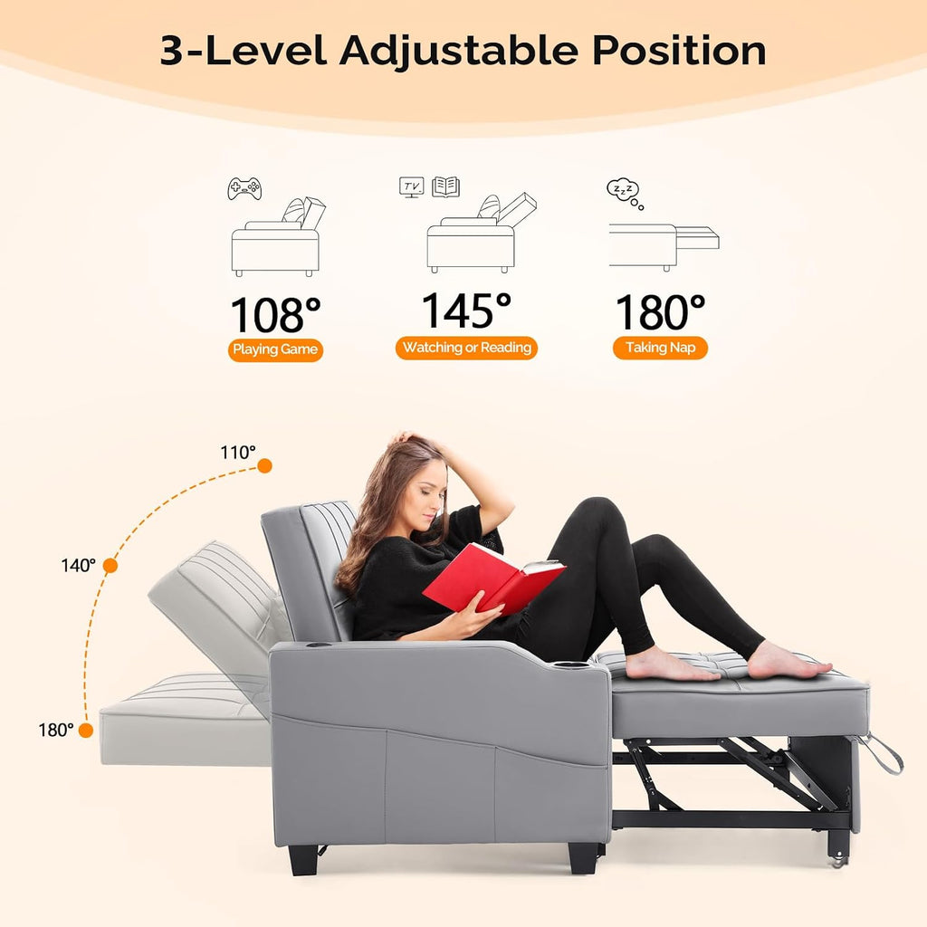 VINGLI Convertible Loveseat Sleeper Sofa, Light Grey Faux Leather Futon Sofa Bed Pullout Couch Bed with USB Ports, Cup Holders, Armrest for Living Room, Bedroom, Home Office Apartment