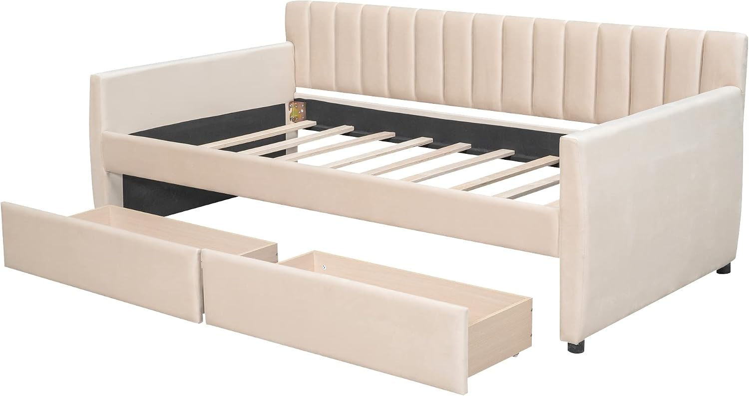 Merax Upholstered Daybed with 2 Drawers, Twin Size Bed Frame with Storage and Wood Slat Support, Beige