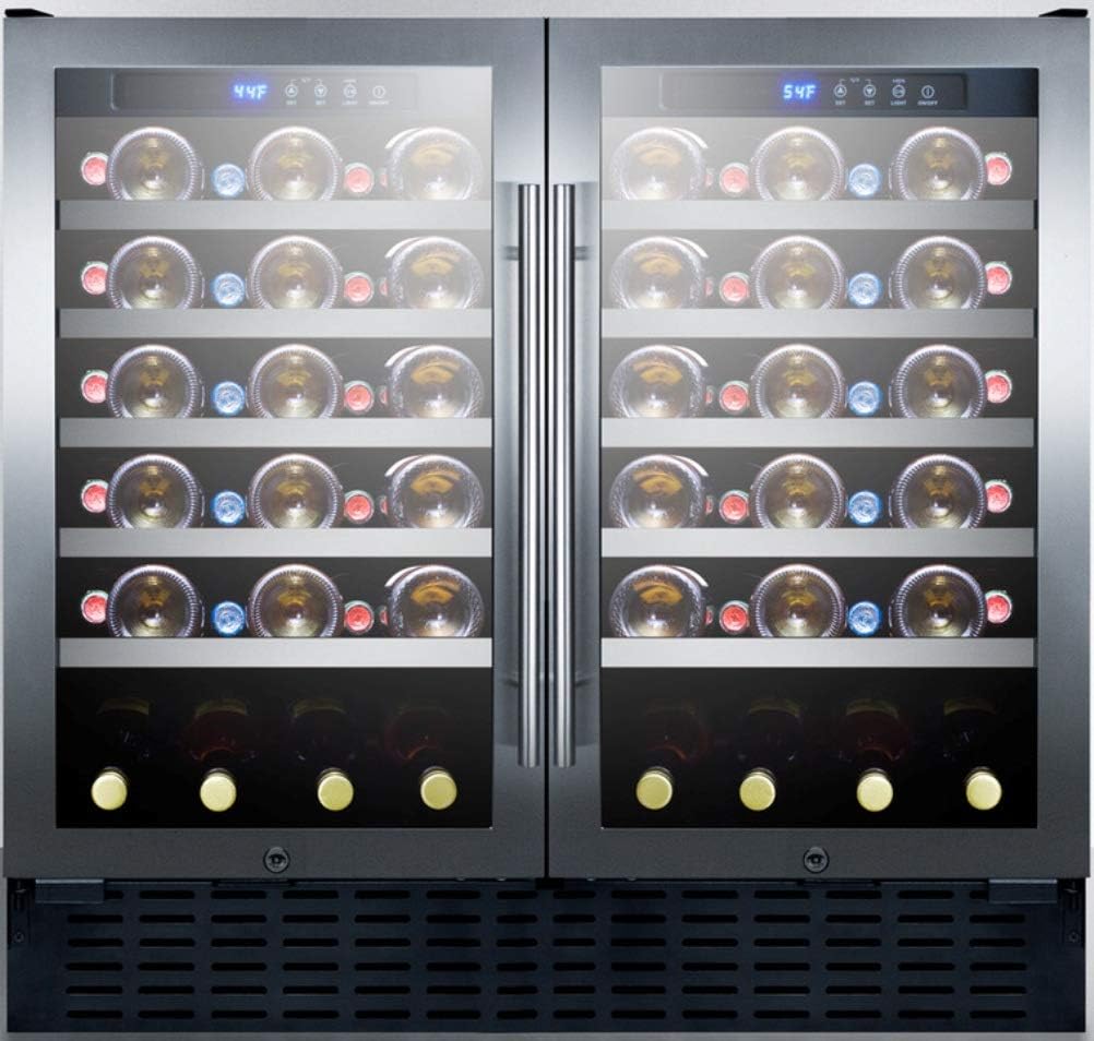 Summit SWC3668 36' Undercounter Dual Zone Wine Cooler with 68 Bottle Capacity LED Lighting Digital Thermostat Factory Installed Locks in Stainless