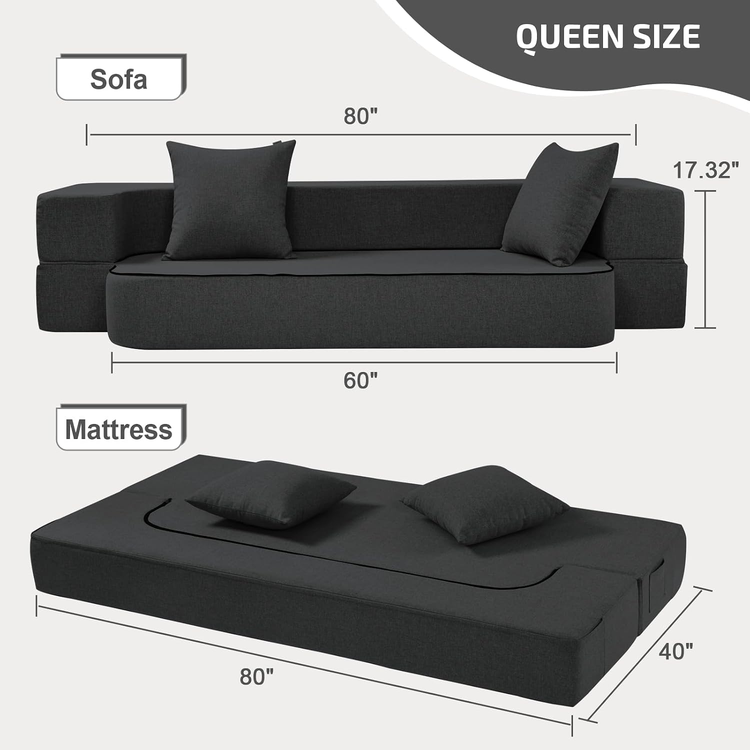 SUYOLS 2-in-1 Folding Sofa Bed with Pillows - Folding Chair Floor Couch & Sleeping Mattress - Washable Cover & Memory Foam Sleeper Chair for Living Room/Guest Room/Apartment/Loft, Dark Gray, Twin XL
