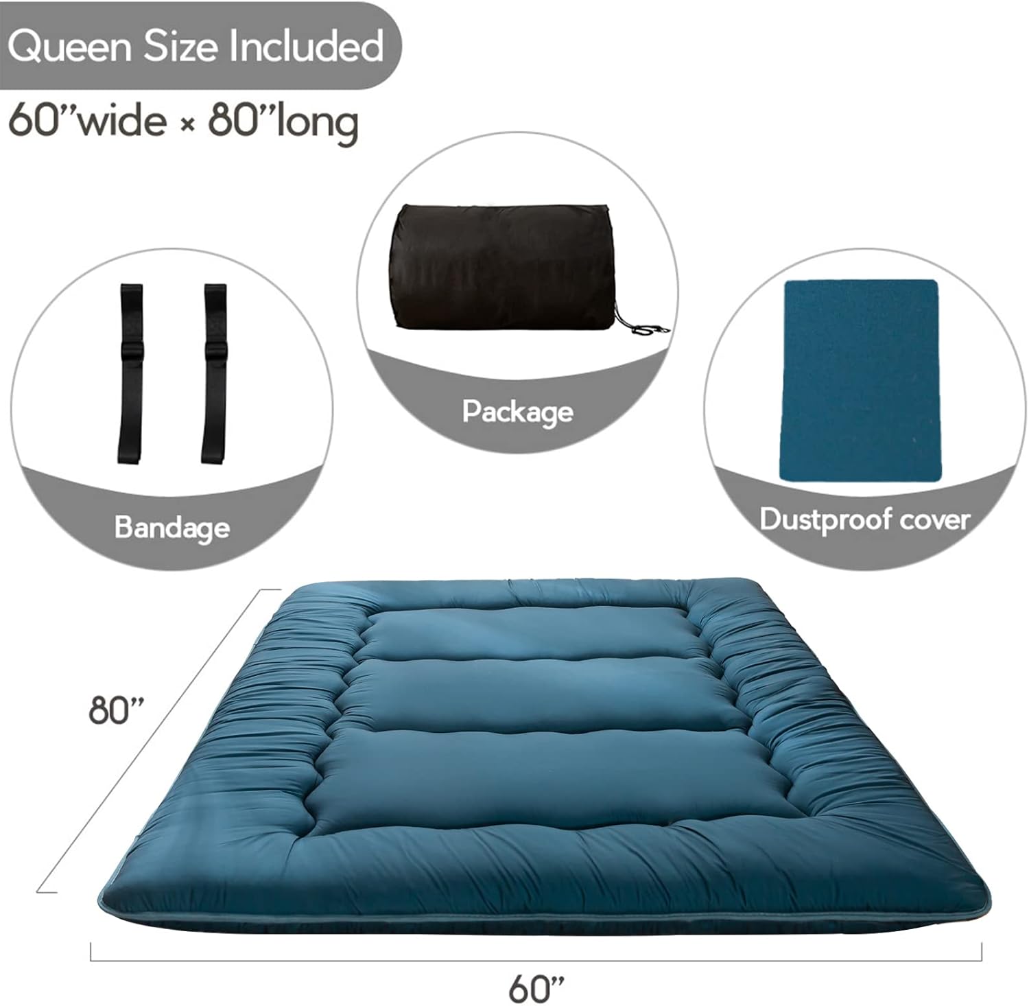 MAXYOYO Japanese Floor Mattress Futon Mattress, Thicken Sleeping Pad Foldable Roll Up Floor Futon for Adults Tatami Mat Dormitory Lounger, Bluestone, Queen Size