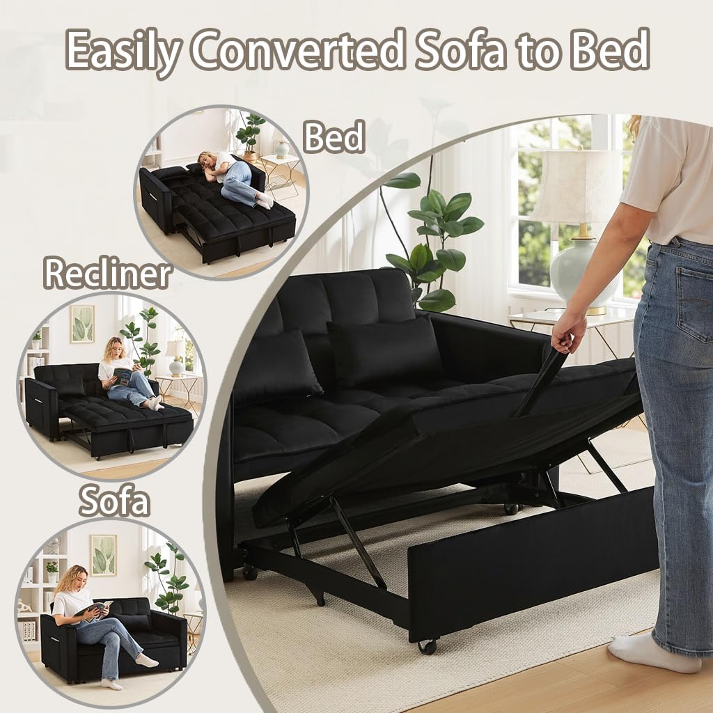 70' 3-in-1 Velvet Sleeper Sofa Bed, Convertible Pull Out Couch w/Adjustable Back, Armrests & Storage. Modern Black Futon for Living Room, Bedroom, Small Space - 2 Pillows Included Black