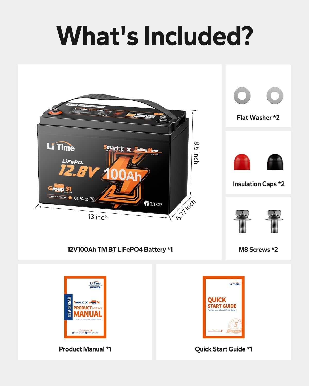 Litime 12V 100Ah Trolling Motors LiFePO4 Battery (Group 31), 12 Volt Bluetooth Lithium Batteries, Max. 15000 Deep Cycles, 100A BMS, Low-Temp Protection for Marine, Boat, Yacht, RV, Solar (4-Pack)