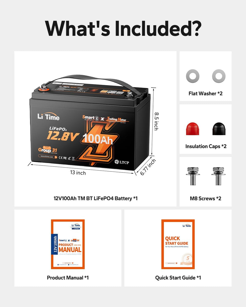 Litime 12V 100Ah Trolling Motors LiFePO4 Battery (Group 31), 12 Volt Bluetooth Lithium Batteries, Max. 15000 Deep Cycles, 100A BMS, Low-Temp Protection for Marine, Boat, Yacht, RV, Solar (2-Pack)