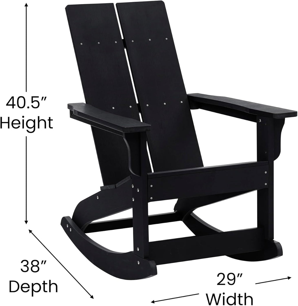 EMMA + OLIVER Harmon Adirondack Rocking Chair - Black Poly Resin - Suitable for Indoor/Outdoor Use - All Weather Materials - Easy Assembly - 350 lb. Weight Capacity