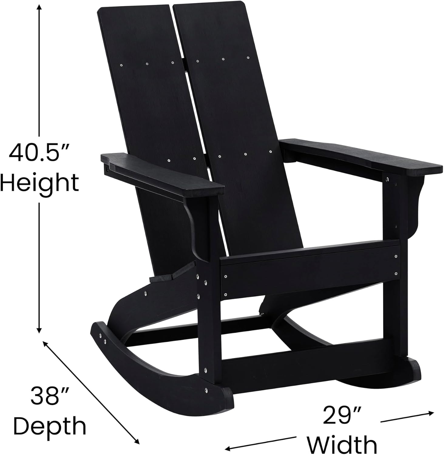EMMA + OLIVER Harmon Adirondack Rocking Chair - Black Poly Resin - Suitable for Indoor/Outdoor Use - All Weather Materials - Easy Assembly - 350 lb. Weight Capacity