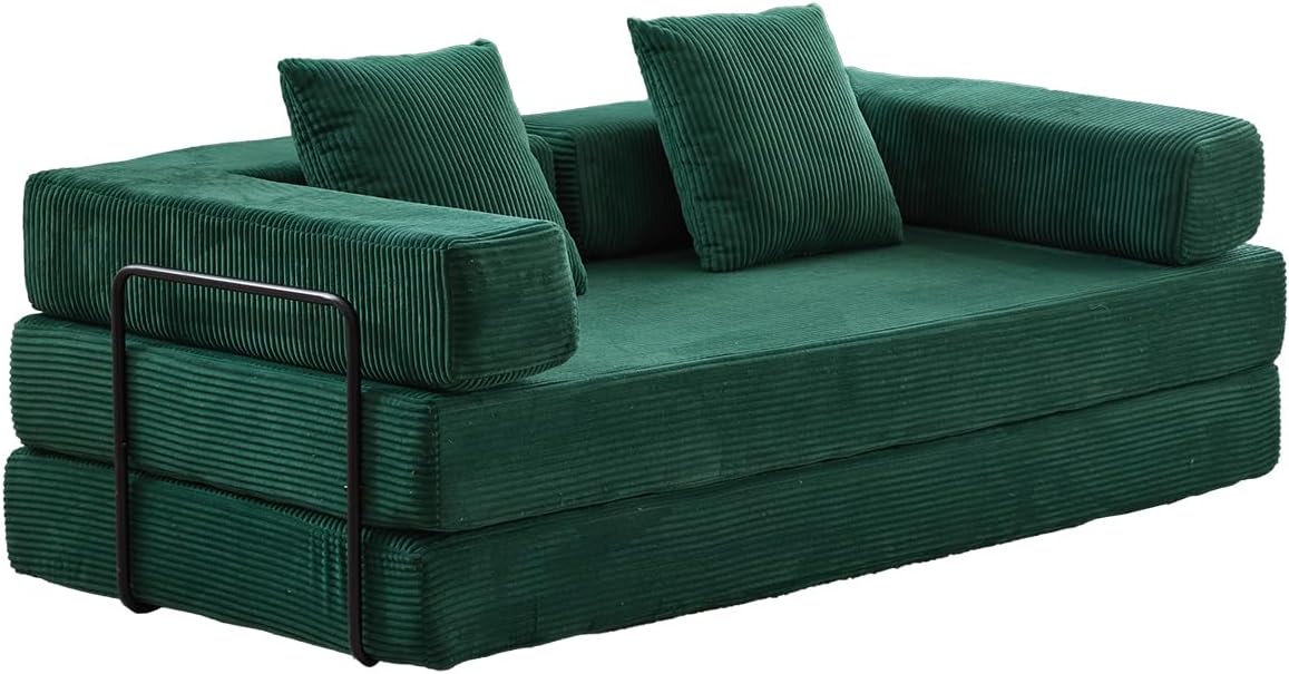 4-in-1 Convertible Folding Sleeper Sofa Bed, Fold Out Floor Sofa Couch with Fixed-Shape Frame, Cloud Corduroy Foldable Mattress Couch for Living Room Bedroom (78.5' Corduroy, Dark Green)