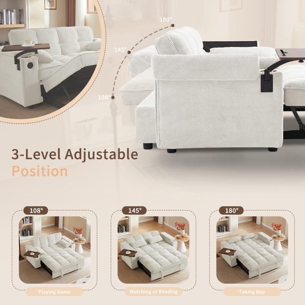 Auvsoce 65'' Convertible Sleeper Sofa Bed with Adjustable Backrest, Chaise Lounge, Side Table & USB/Type-C Ports – Stylish & Functional Addition to Any Living Room (Modern Beige Sofa Bed)