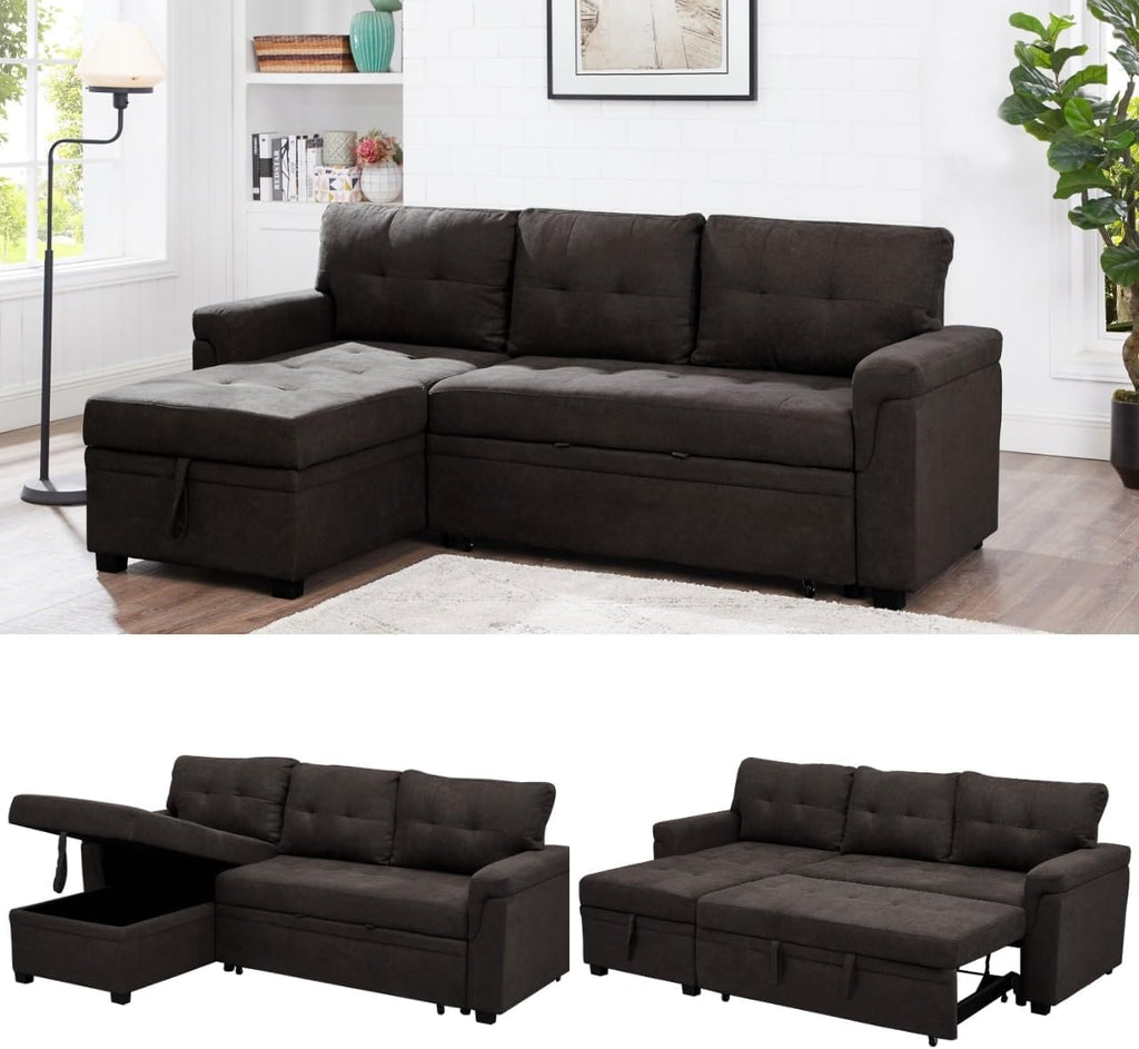 Naomi Home L Shaped Sectional Couch with Storage & Pull Out Bed – 3-in-1 Convertible Sleeper Sofa Bed, Small L Shape Sofa for Living Room, Sofa Bed with Storage Chaise in Espresso, Velvet