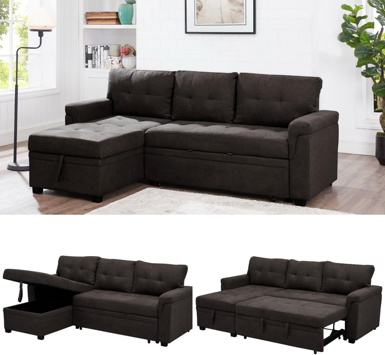 Naomi Home L Shaped Sectional Couch with Storage & Pull Out Bed – 3-in-1 Convertible Sleeper Sofa Bed, Small L Shape Sofa for Living Room, Sofa Bed with Storage Chaise in Espresso, Velvet