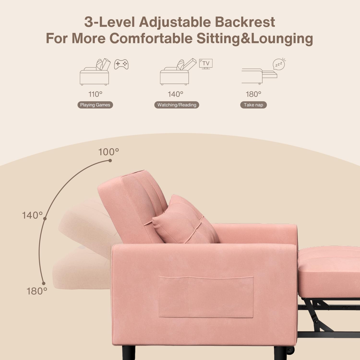 Aiho Convertible Sleeper Chair with Pillow & Pocket, 3-in-1 Sofa Bed in Modern Linen Fabric for Apartment, Pink