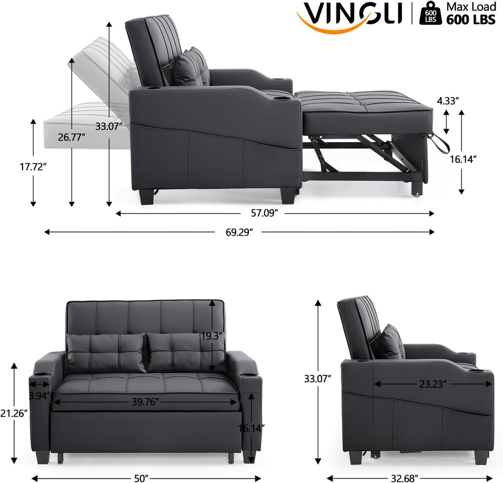 VINGLI Convertible Loveseat Sleeper Sofa, Black Faux Leather Futon Sofa Bed Pullout Couch Bed with USB Ports, Cup Holders, Armrest for Living Room, Bedroom, Home Office Apartment
