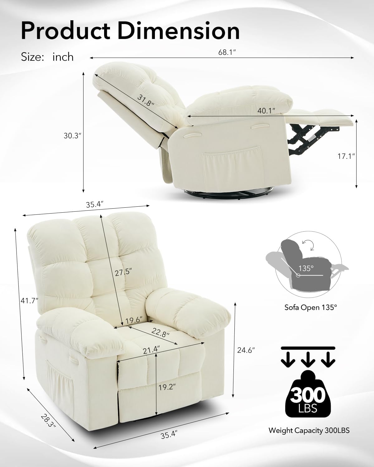 Rocking Recliner Chair, 360° Swivel Lazy Boy Recliner with Side Pockets, Upholstered Fabric Glider Nursery Chair for Living Room, Nursery & Small Spaces, Beige