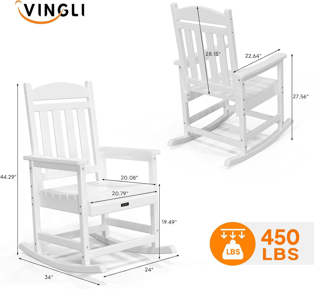VINGLI 450 lbs Capacity HDPE Outdoor Rocking Chair - Durable, Weather-Resistant Patio Rocker for Garden, Lawn, and Deck, White