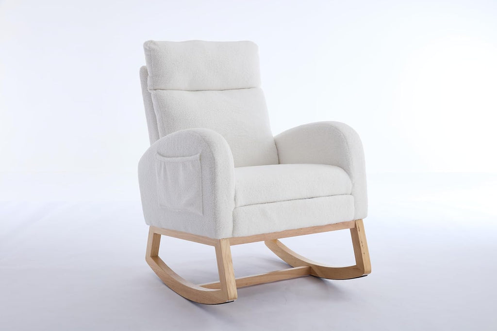 Modern Teddy Fabric Rocking Chair with Footstool, Nursery Rocker with Storage Pocket, High Back Wooden Base, 35-49 inch Length (Ivory, B)