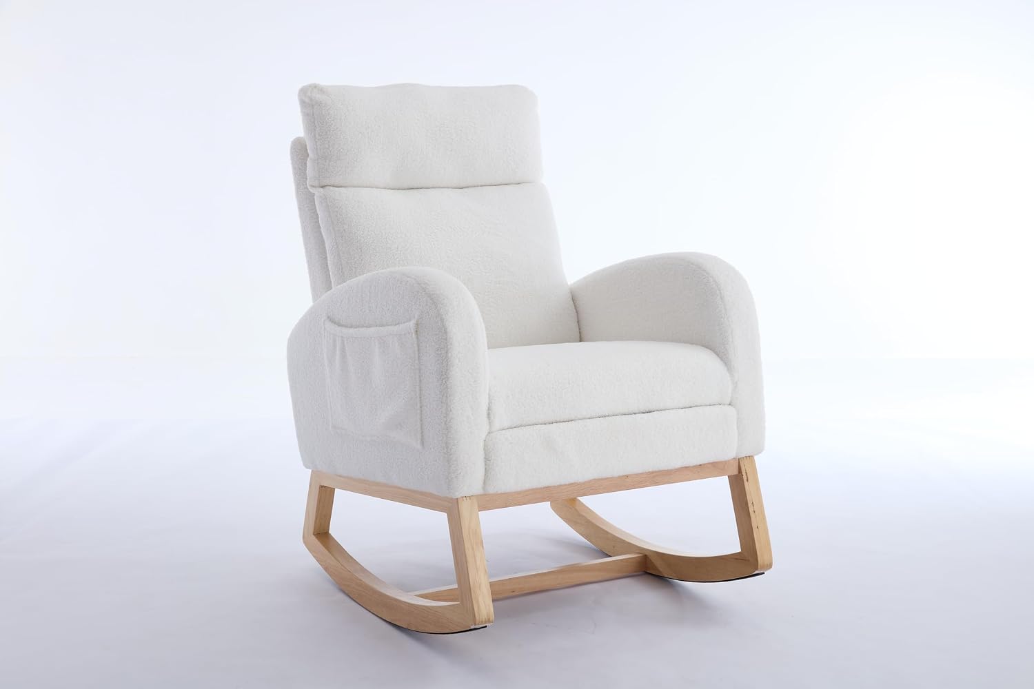 Modern Teddy Fabric Rocking Chair with Footstool, Nursery Rocker with Storage Pocket, High Back Wooden Base, 35-49 inch Length (Ivory, B)