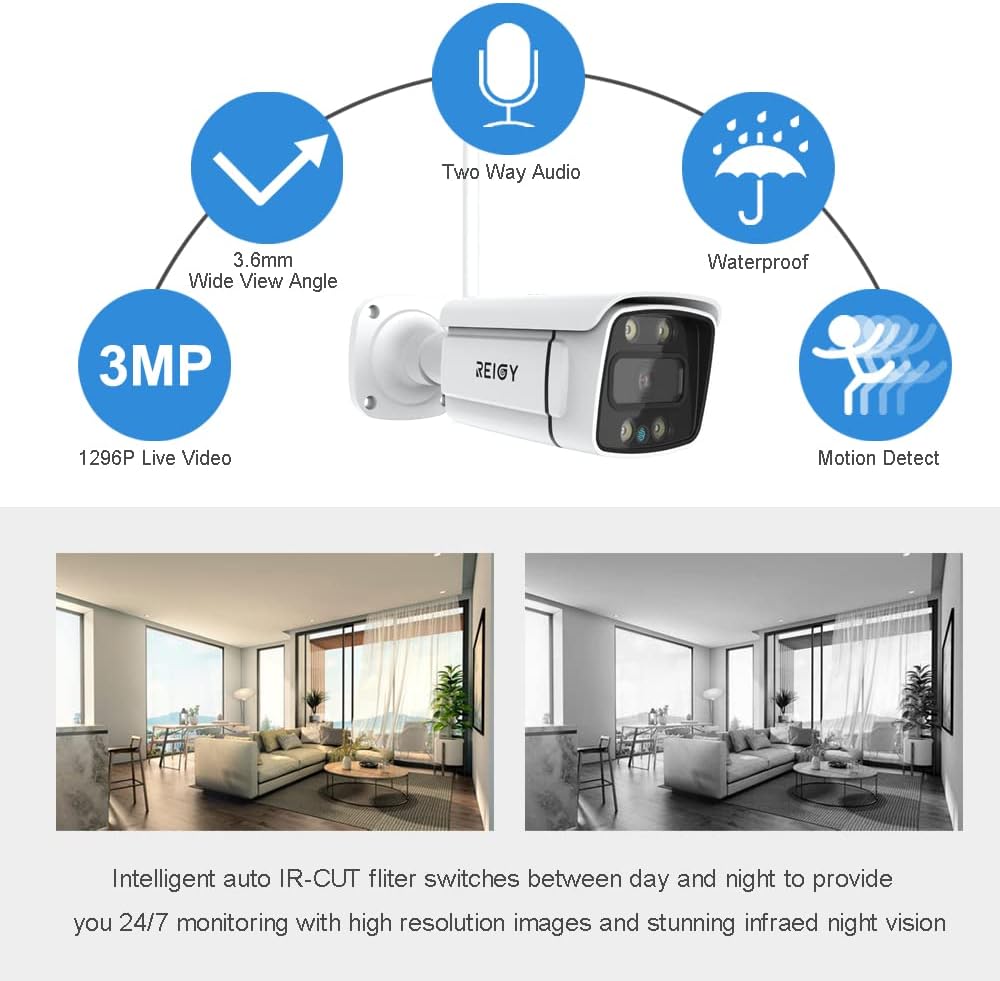 REIGY 3MP WiFi Security Camera System with Floodlight Without Hard Drive, 2K Outdoor Home Surveillance Set 8CH 5MP NVR + 4X 1296P IP Cam, 2-Way Audio Remote View Color Night Vision Motion Detection