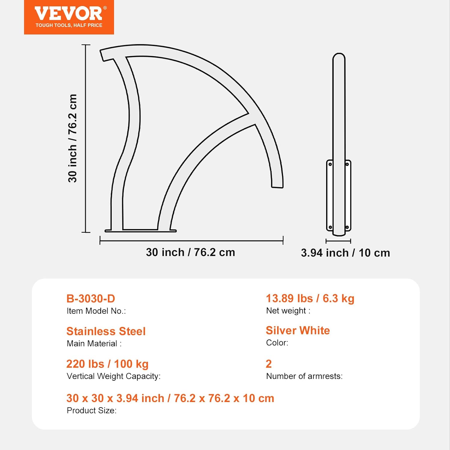VEVOR Pool Handrail, 2 PCS 30x30 in Railing, Stainless Steel with Base Plate for Indoor/Outdoor, Safety Railing for Decks, Rust-Proof Grab Bar w/Grip Cover & Accessories for Spas