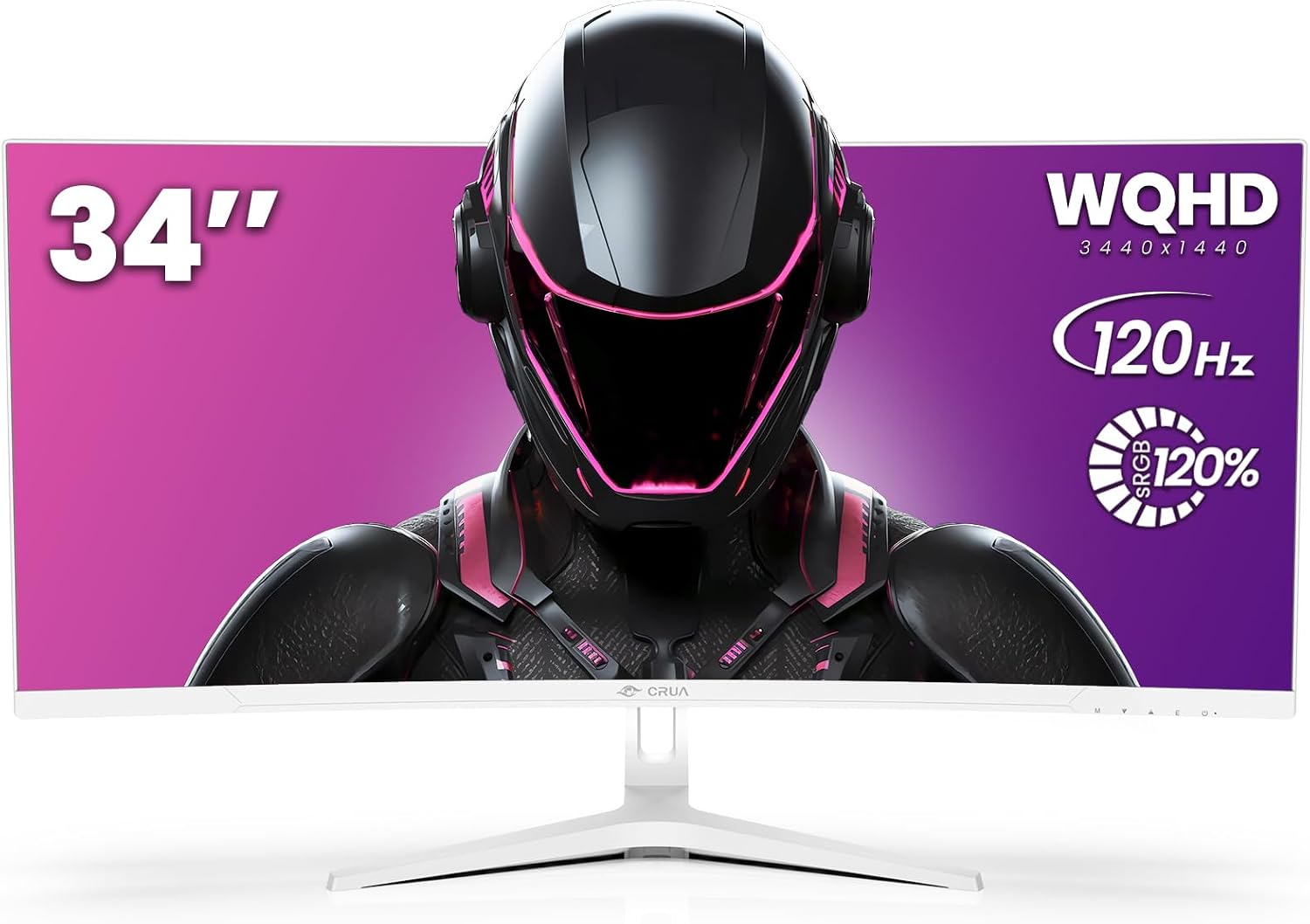 CRUA 34' Curved Gaming Monitor, WQHD 3440x1440, 120Hz Computer Monitors, 1500R VA Screen, 120% sRGB, AMD FreeSync, Blue Light Filter, HDMI 2.0 & DP 1.4, Wall Mountable Installs- White