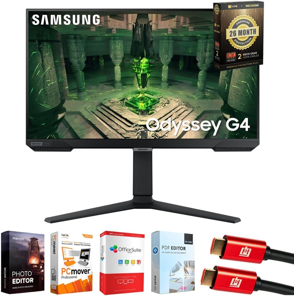 Samsung 25' Odyssey G4 FHD Gaming Monitor, IPS, 240Hz, 1ms, G-Sync Bundle with Tech Smart USA Elite Suite 18, 2X 4K HDMI Cable & Deco Gear CPS Exclusive 26 Month Protection Pack (BEACH-CPS-26M250)